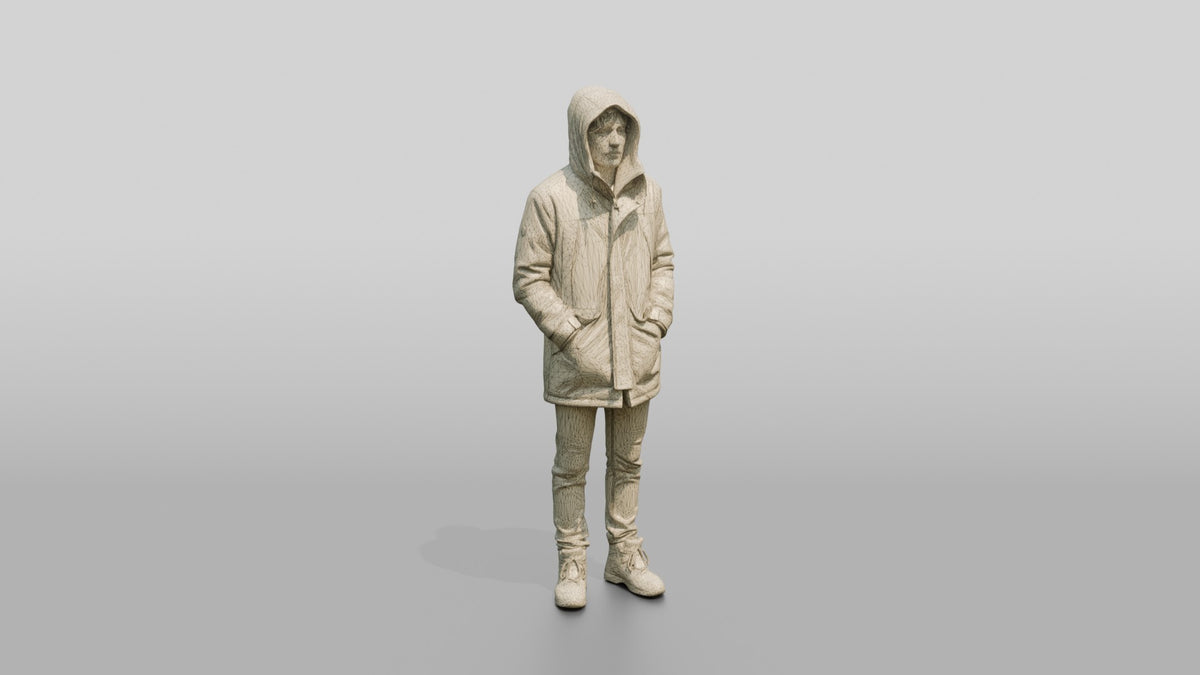 White Man Sheltering in Blue Parka - wireframe topology preview