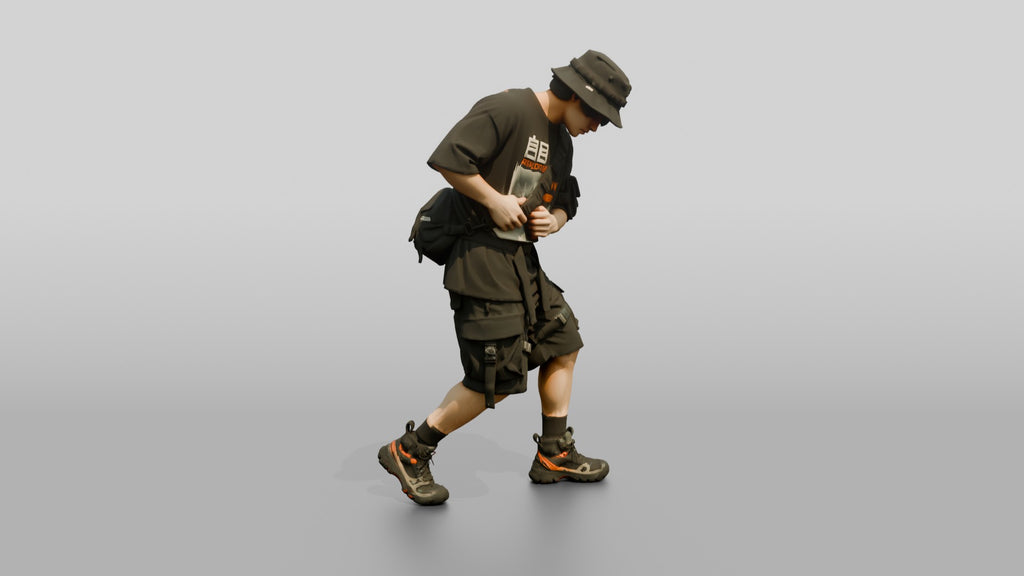 Techwear Man in Graphic Bucket Hat Streetwear