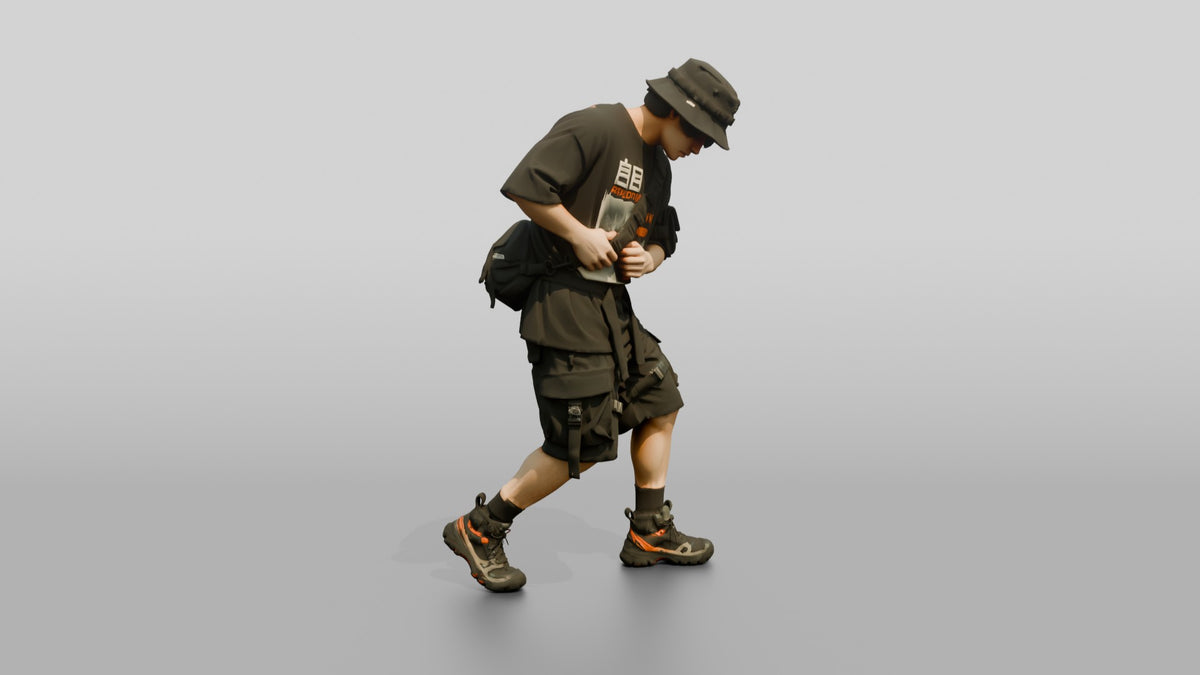 Techwear Man in Graphic Bucket Hat Streetwear - 3D character model, view 1