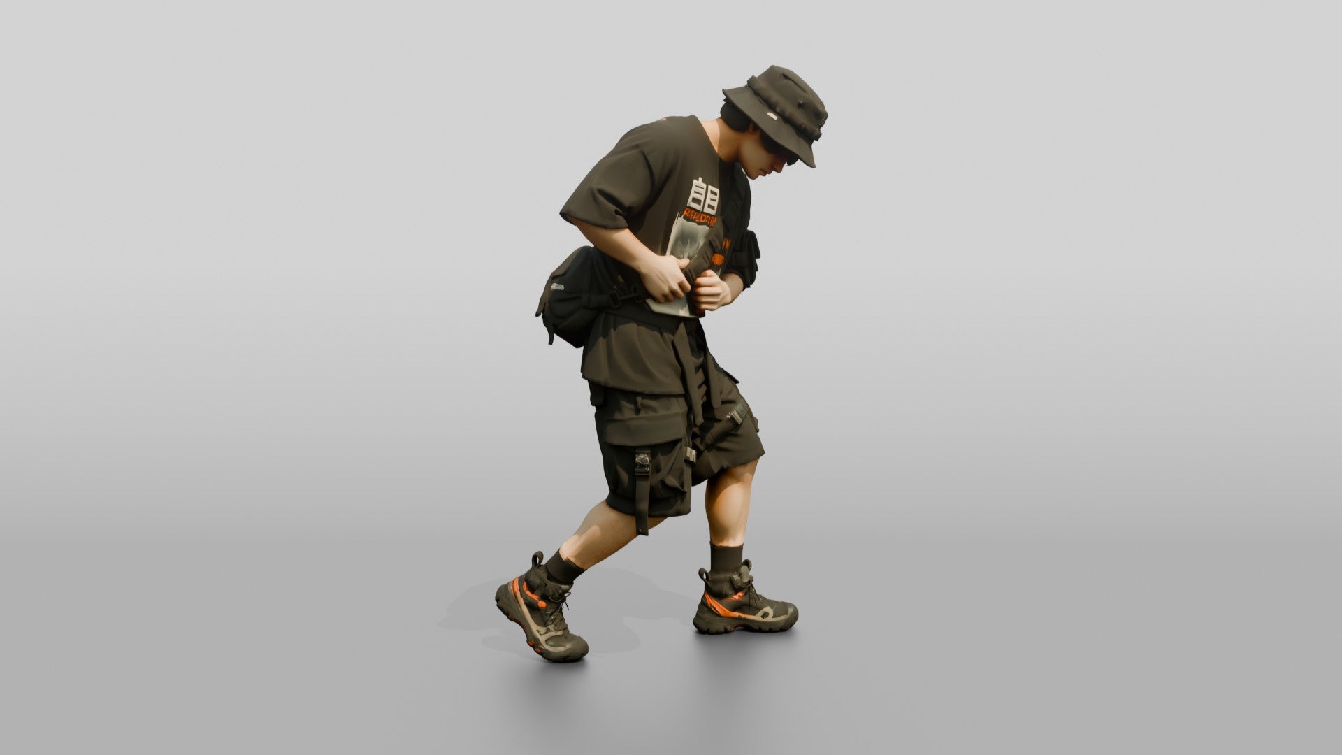 Techwear Man in Graphic Bucket Hat Streetwear