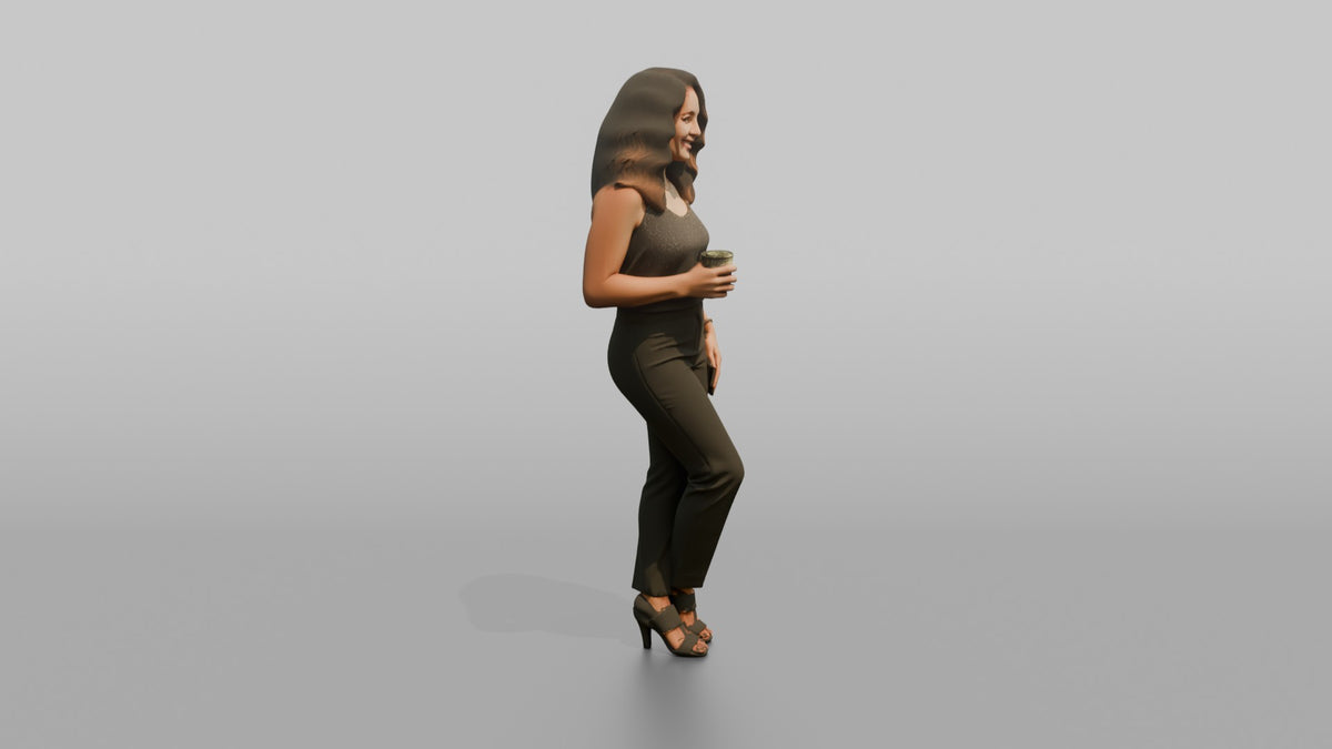 Patron Woman Leaning Back Against A Wall, Holding A Glass - 3D character model, view 2