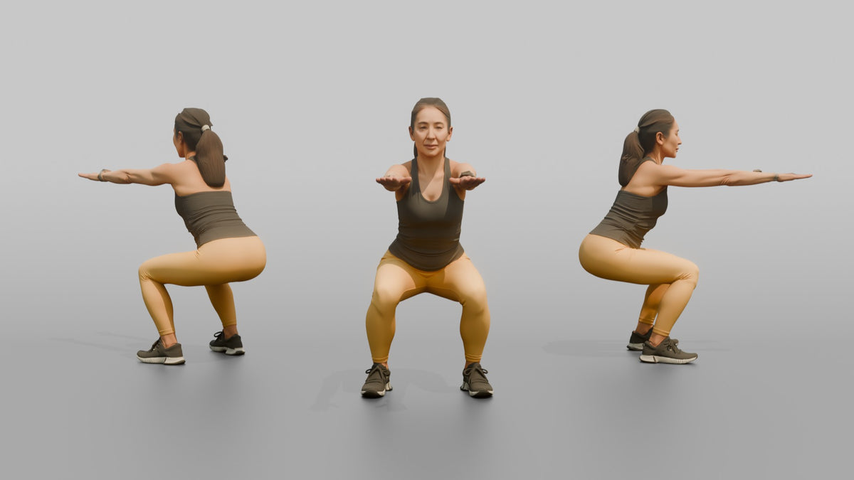 Bodyweight Athlete Woman Doing A Bodyweight Squat, Arms Extended Forward - 3D character model, view 1