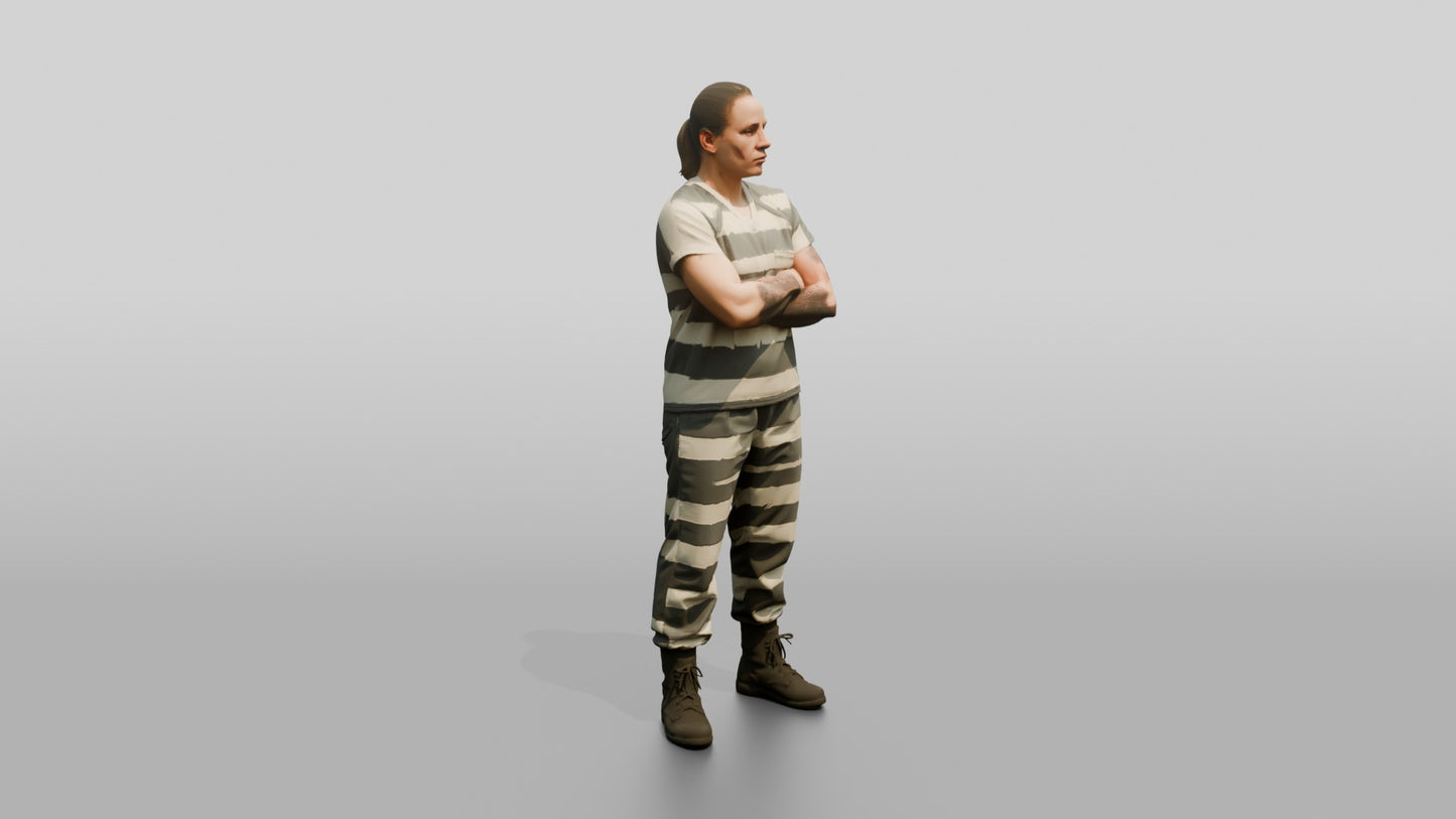 Caucasian Female Prisoner in a Grey-white Striped Uniform