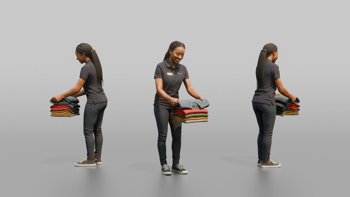 Woman Sales Associate Folding A Stack Of Sweaters - 3D character model, view 1
