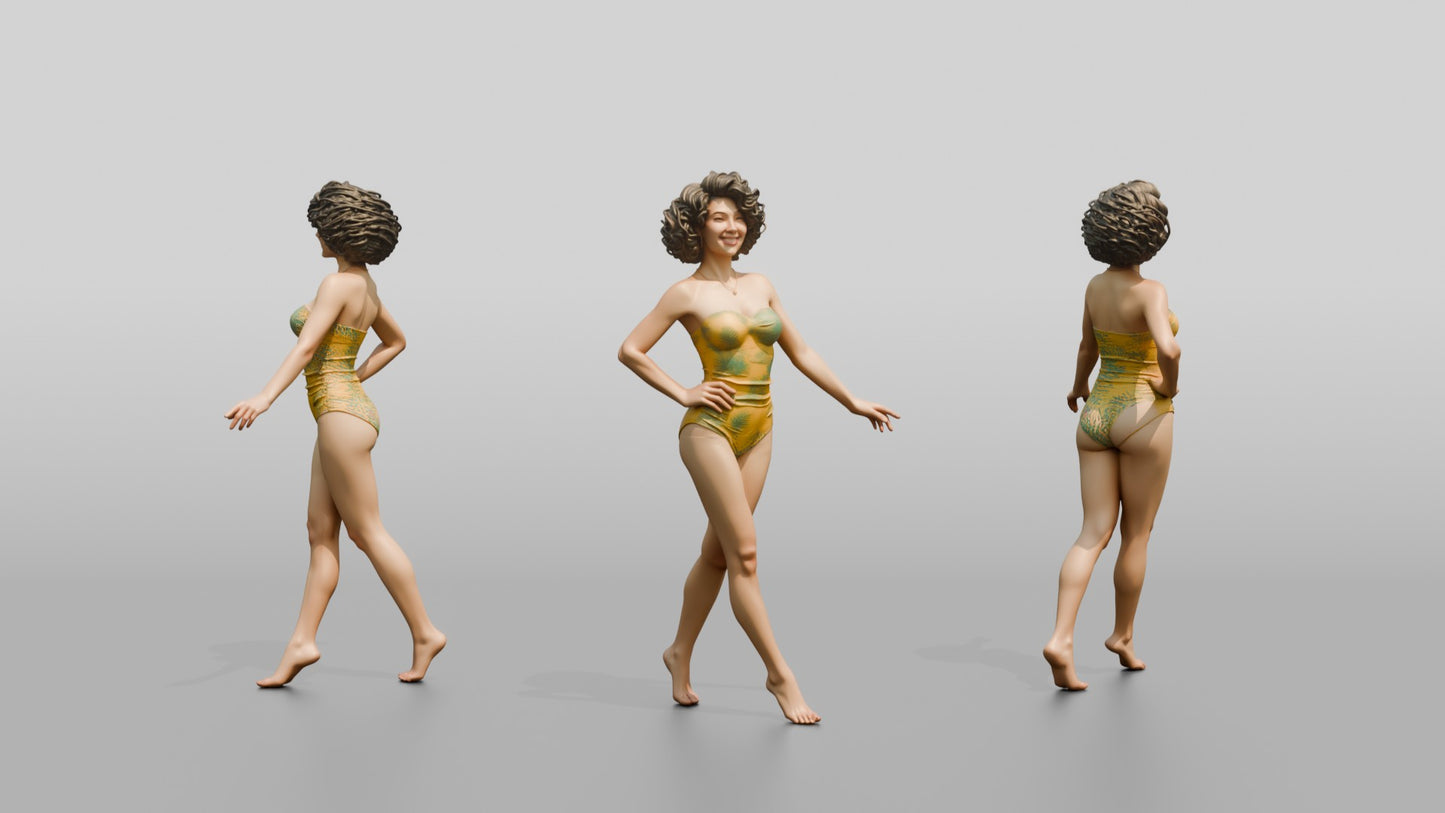 Woman in Gold One-Piece Swimsuit Walking