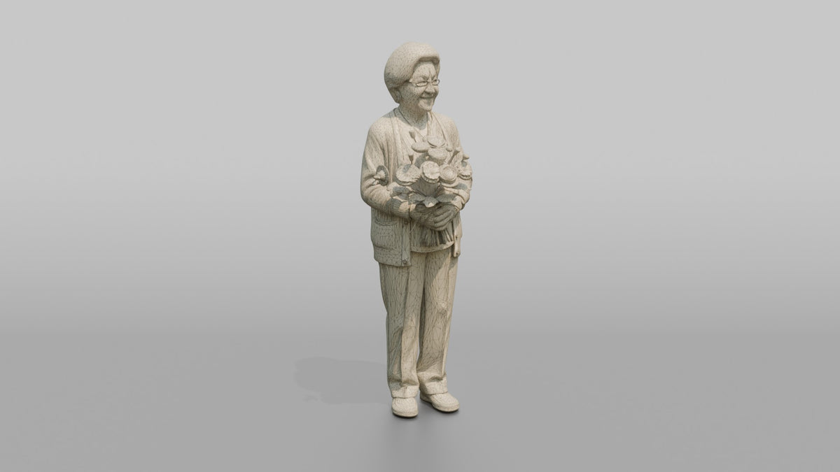 Grandmother Holding A Bouquet Of Garden Flowers - wireframe topology preview