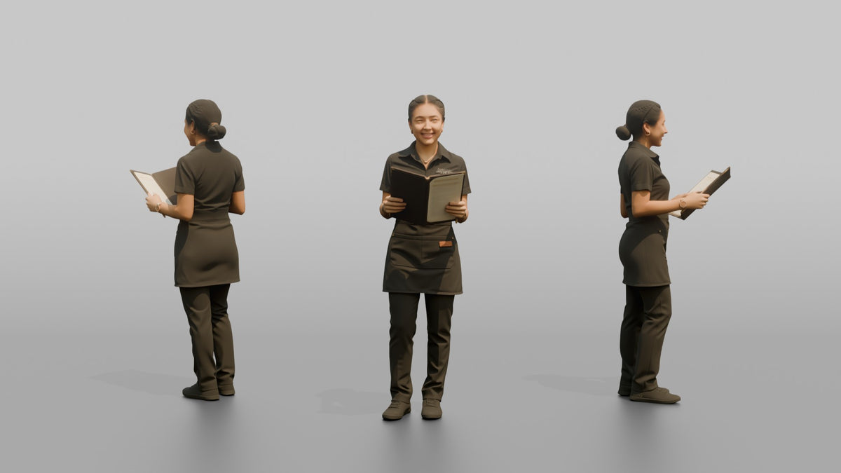 Bartender Woman Holding A Bar Menu Open - 3D character model, view 1