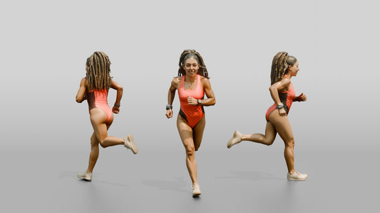 Latina Fitness Athlete Running in Coral Swimsuit