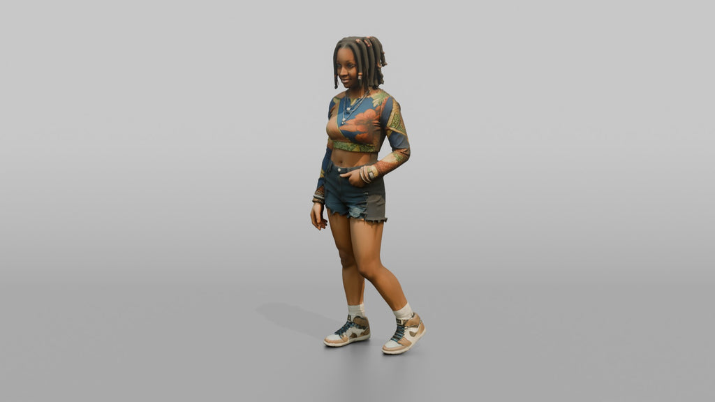 African Woman in Colorful Crop Top and Denim Shorts
