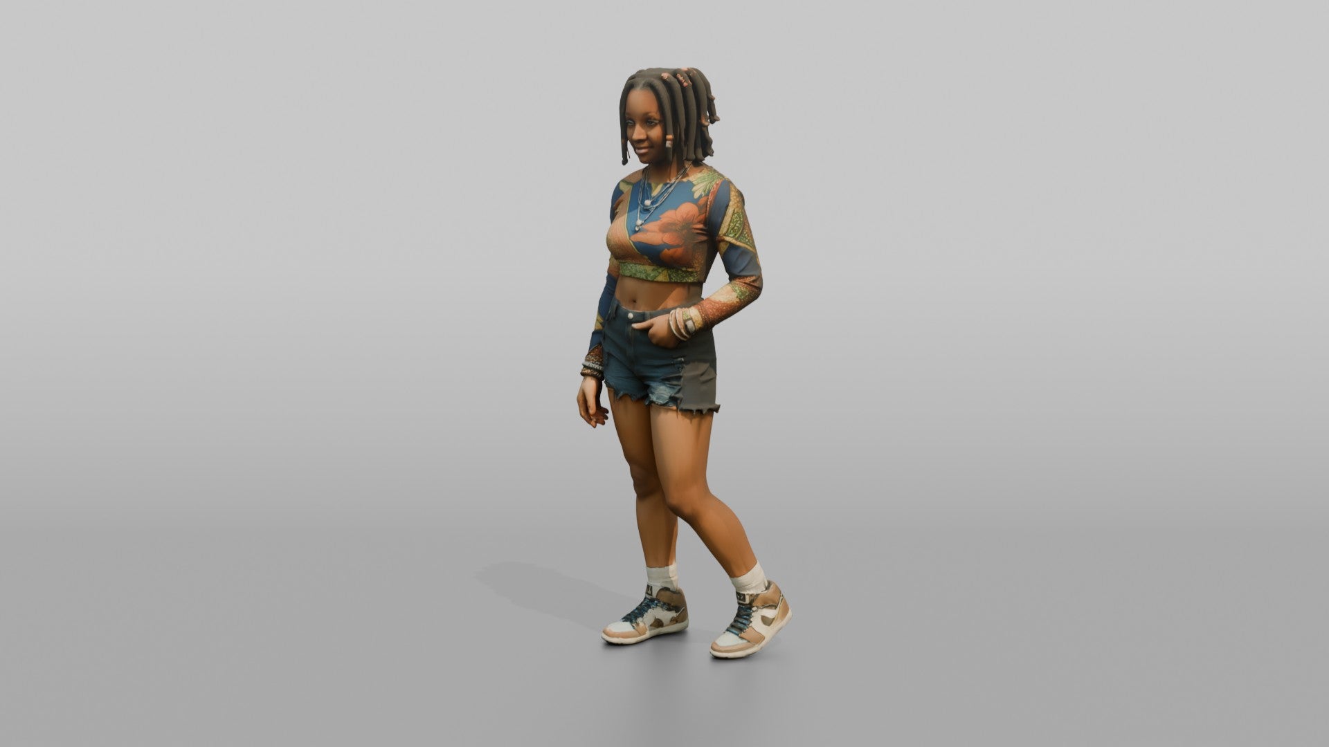 African Woman in Colorful Crop Top and Denim Shorts