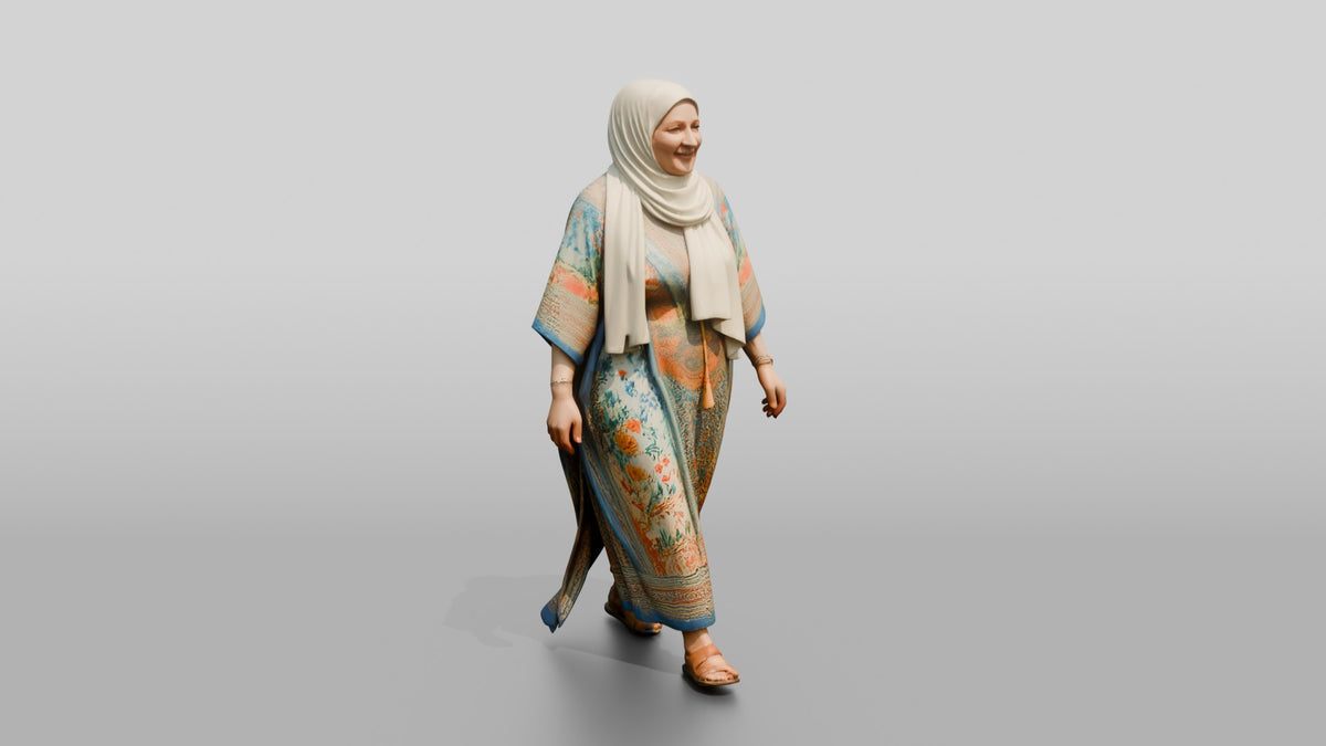 Plus-Size Middle-Aged Jordanian Woman in Hijab and Kaftan - 3D character model, view 1