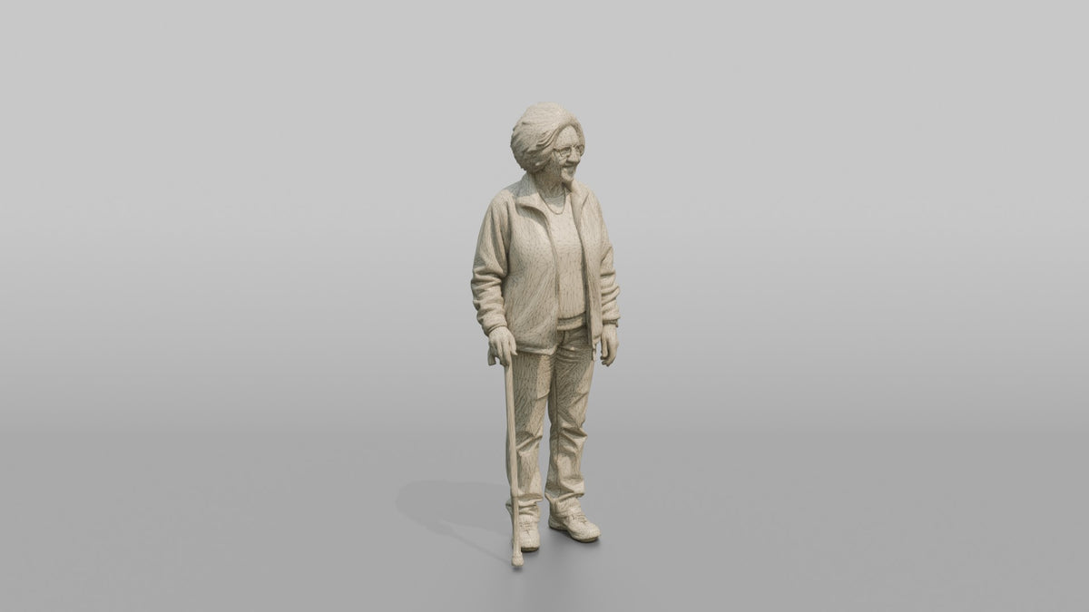 Grandmother Holding A Walking Cane, Standing Upright - wireframe topology preview