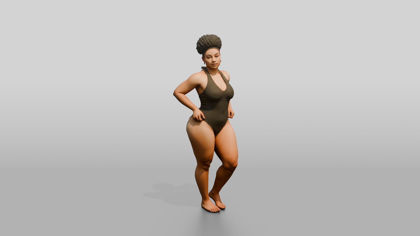 Curvy Black Woman in Olive One-Piece Swimsuit Hands on Hips