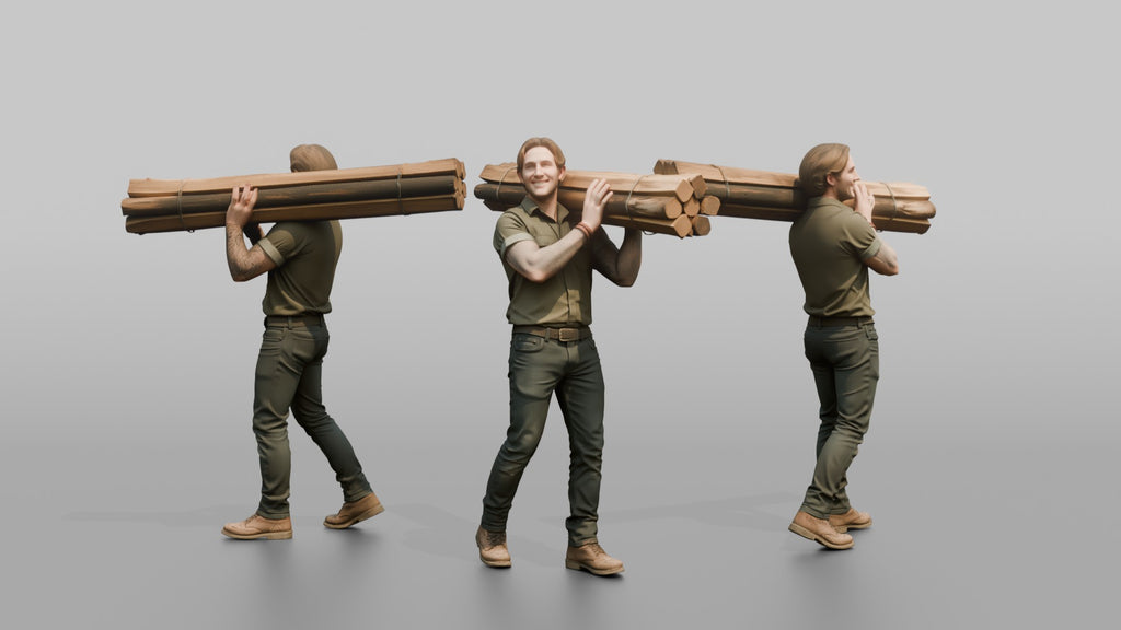 Farmer Carrying Bundle Of Fresh Fence Posts