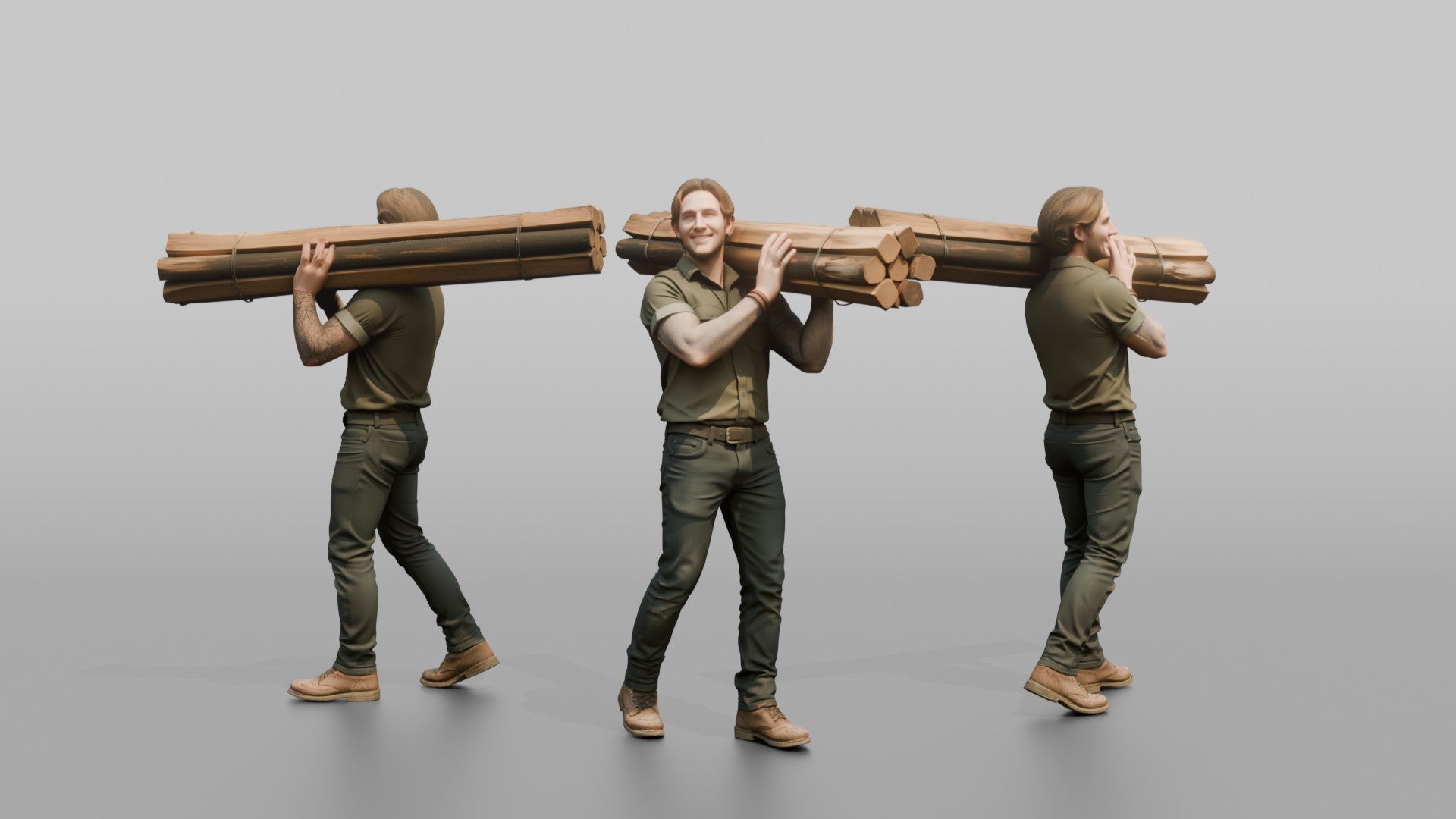 Farmer Carrying Bundle Of Fresh Fence Posts