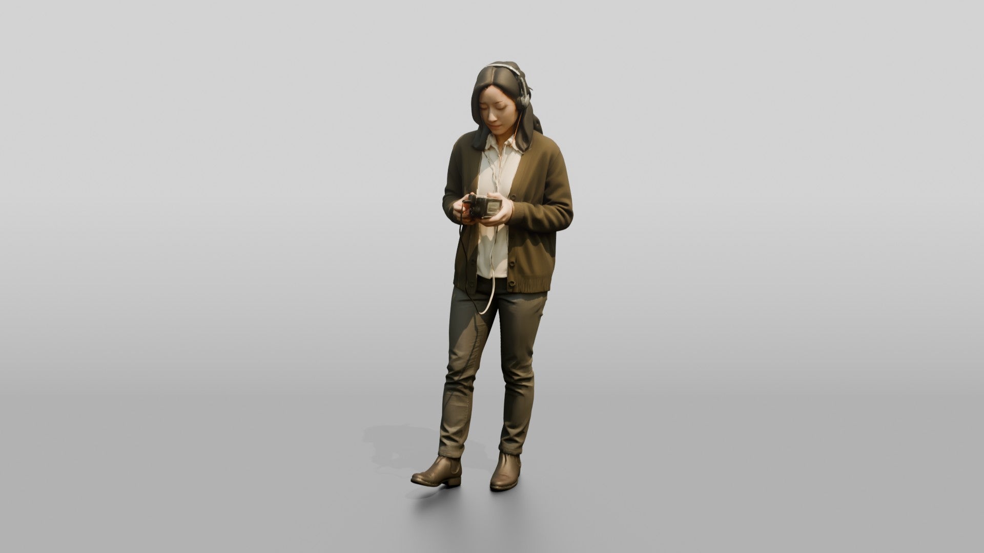 Homeless Woman Listening Intently to a Small Tape Player