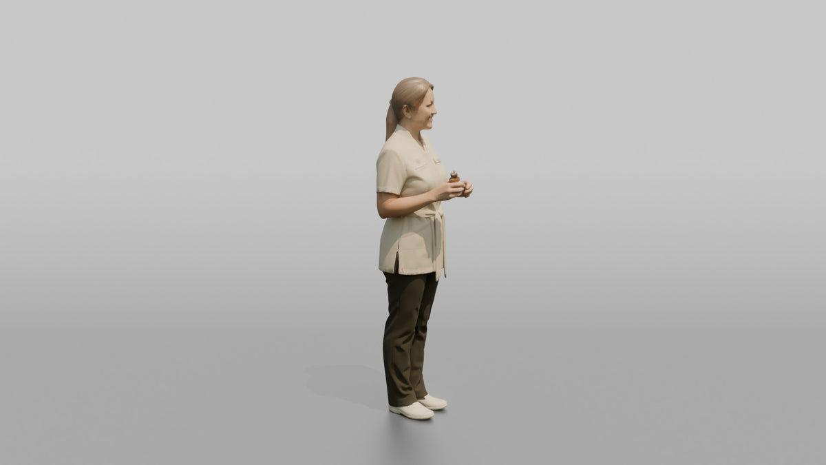 Esthetician Woman Holding A Cotton Pad And Small Bottle - 3D character model, view 2