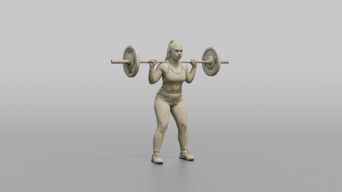 Weightlifter Woman Resting A Barbell On The Upper Back Before A Squat - wireframe topology preview