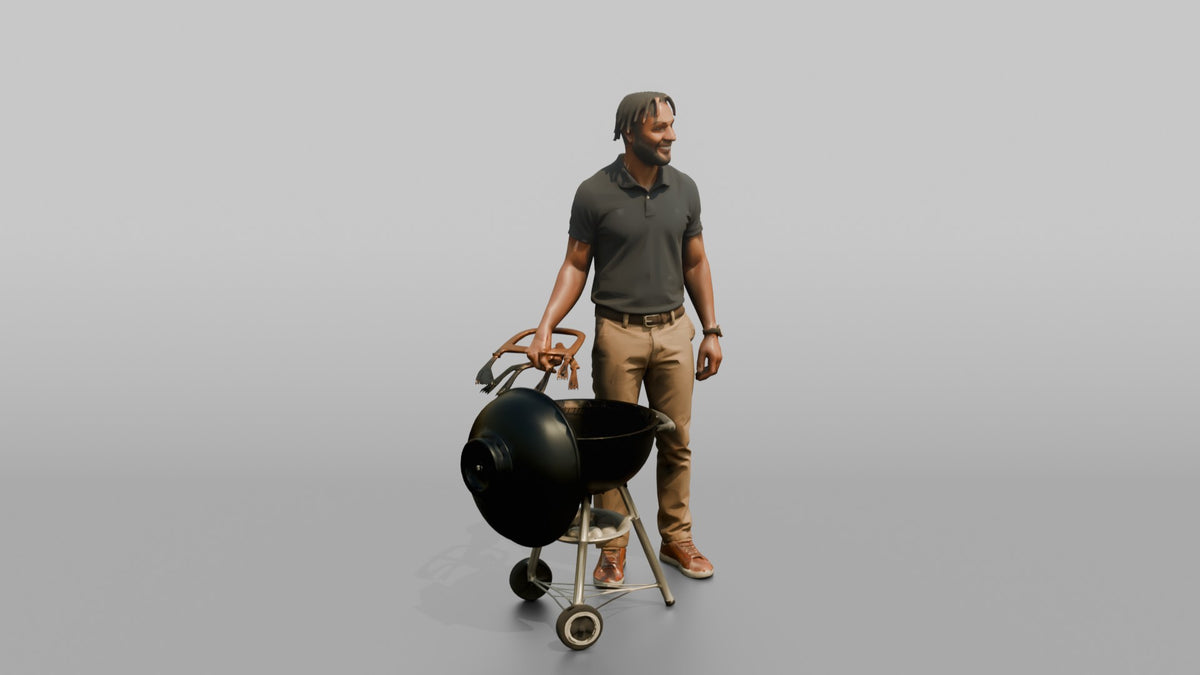 Father Holding Barbecue Tongs, Standing Beside A Grill - 3D character model, view 2