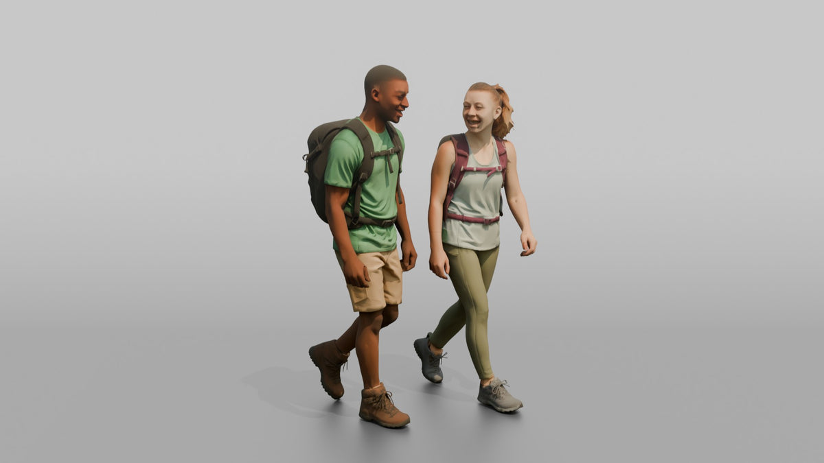 Hiking Duo Walking and Talking Together - 3D character model, view 1