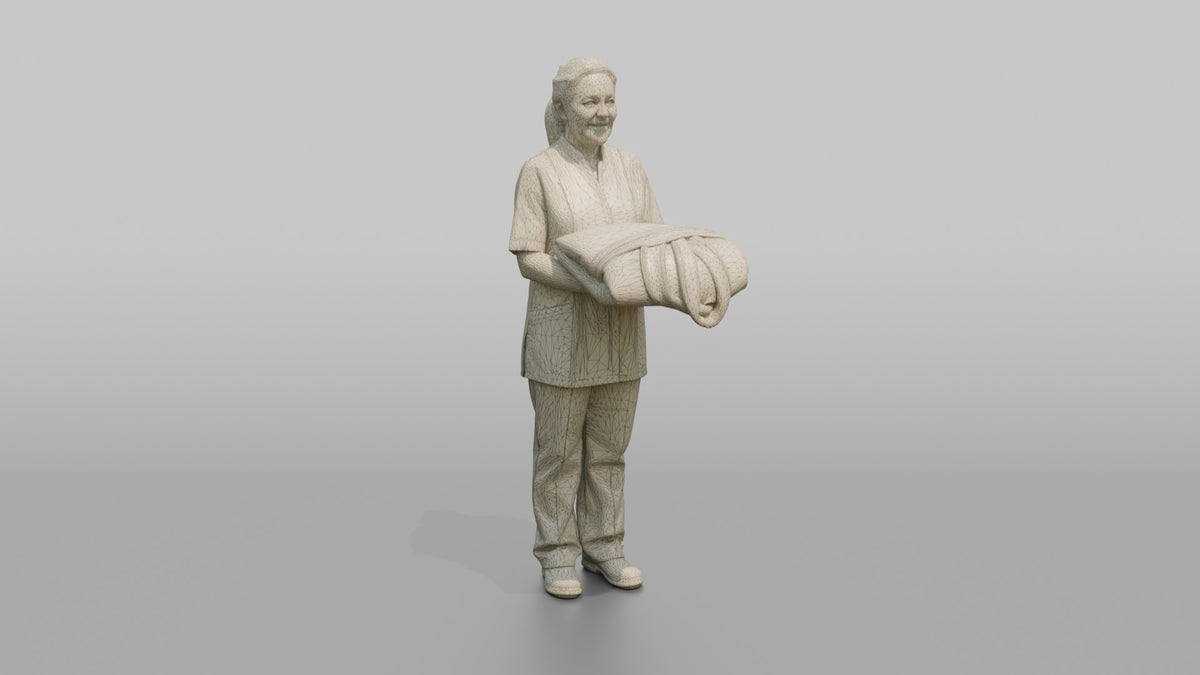 Housekeeping Staff Woman Holding A Folded Bathrobe - wireframe topology preview