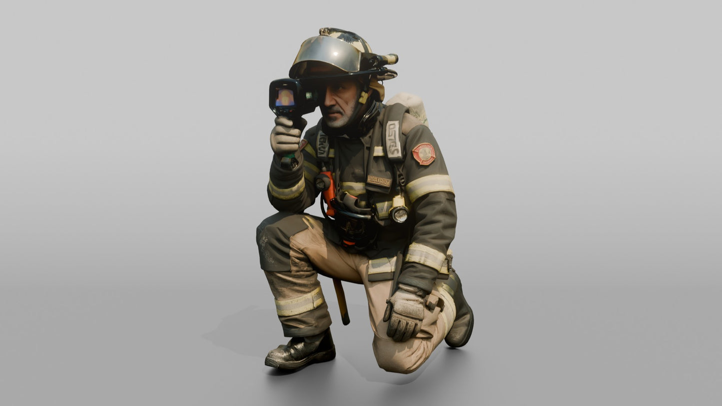 Firefighter Man Crouching Low with Thermal Vision Scope