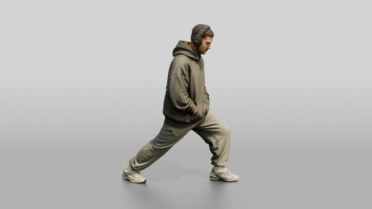 Man Stretching Calf in Hoodie - 3D character model, view 2