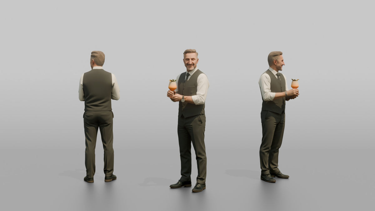 Bartender Man Presenting A Finished Cocktail With Both Hands - 3D character model, view 1