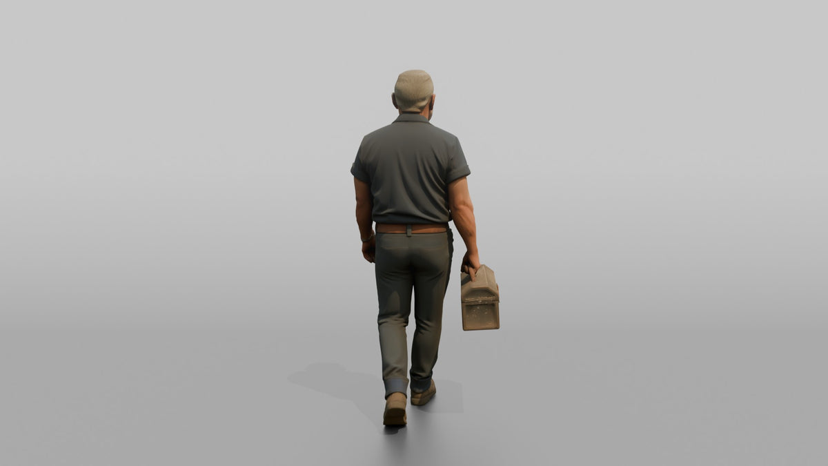 Grandfather Carrying A Toolbox By Its Handle - 3D character model, view 3