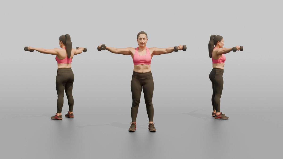 Weightlifter Woman Doing A Dumbbell Lateral Raise - 3D character model, view 1