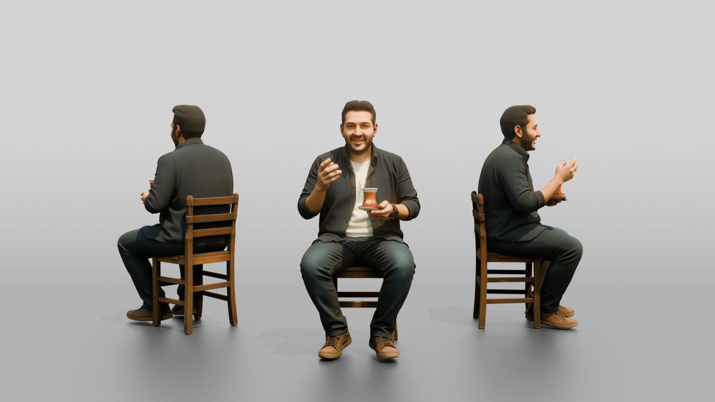 Man Gesturing with Tea and Earbuds