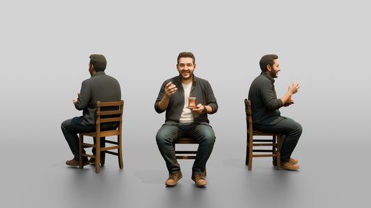 Man Gesturing with Tea and Earbuds