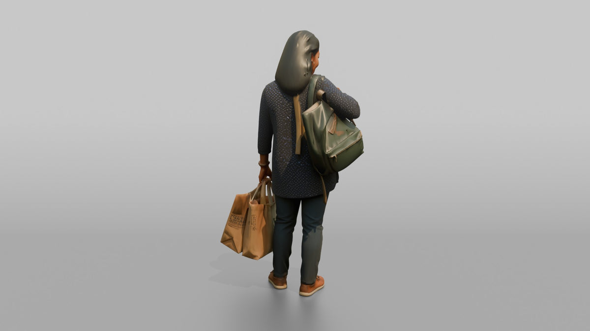Woman Customer Adjusting Her Backpack Strap While Carrying Two Shopping Bags - 3D character model, view 3