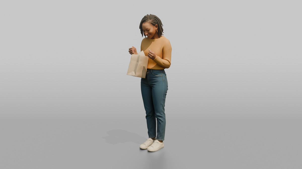 Woman Customer Holding A Shopping Bag Up To Check Its Contents - 3D character model, view 4