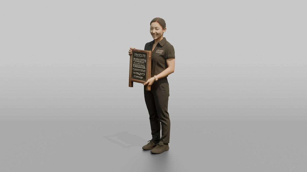 Host Woman Holding A Small Stand-up Chalkboard Menu - 3D character model, view 4