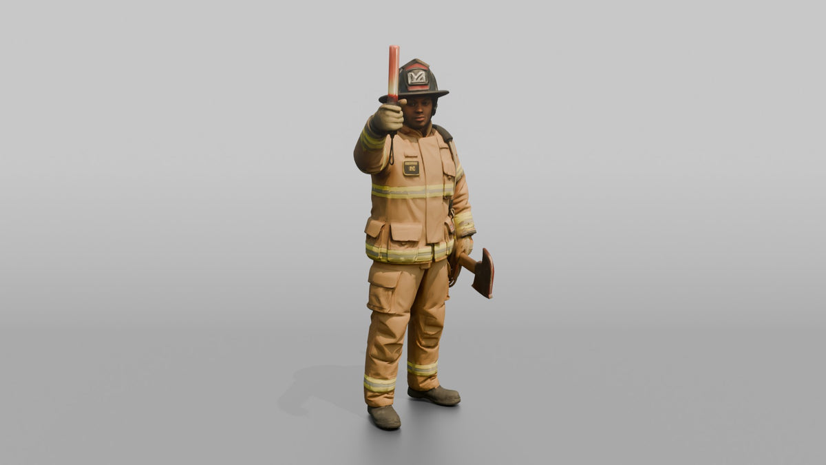 Firefighter Man Signaling Down the Line with a Illuminated Baton - 3D character model, view 2