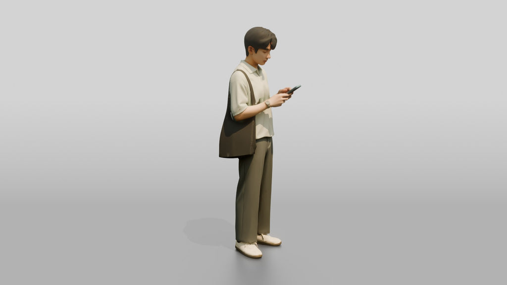 Man Checking Phone in Cream Polo