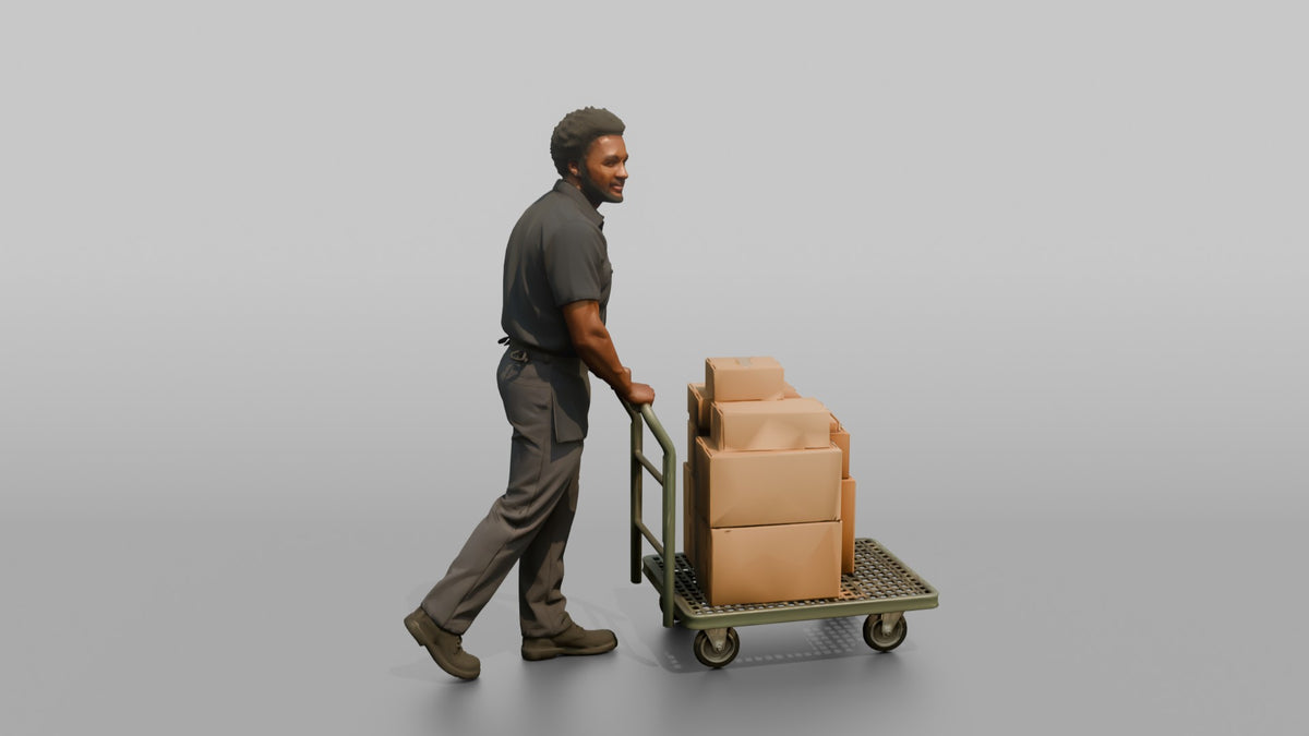 Man Stock Clerk Pushing A Flatbed Cart Loaded With Boxes - 3D character model, view 2