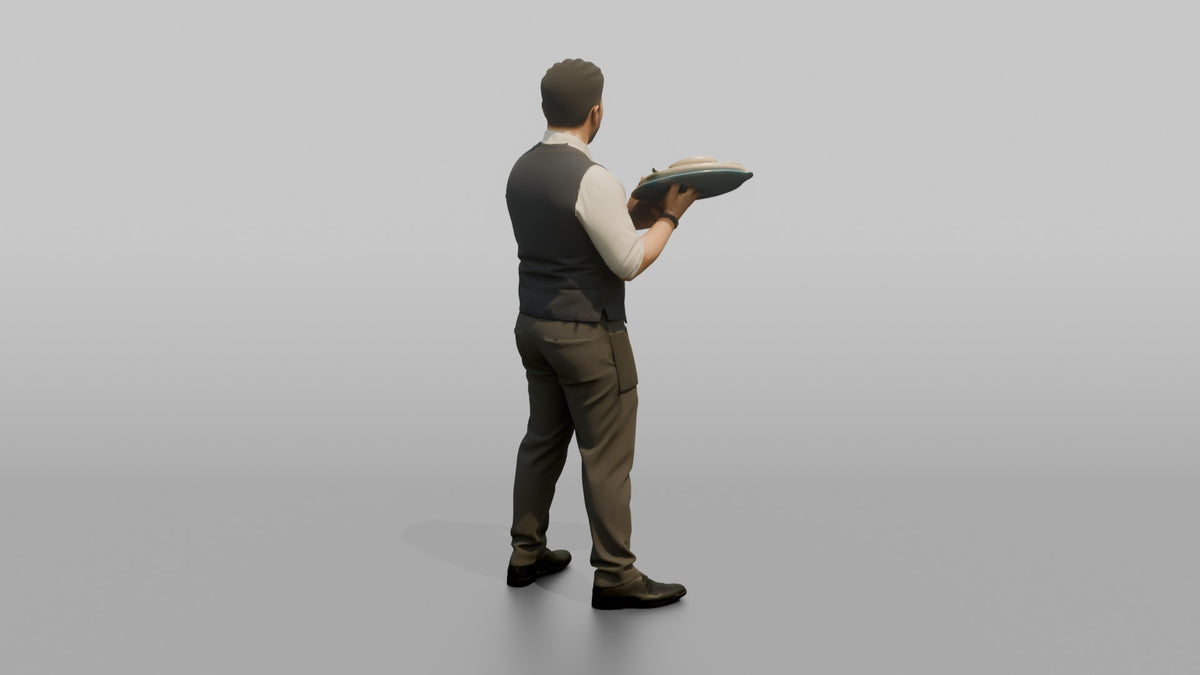 Server Man Carrying A Tray Of Appetizers - 3D character model, view 3