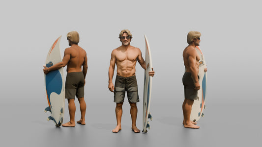 Rugged Surfer Posing with His Surfboard