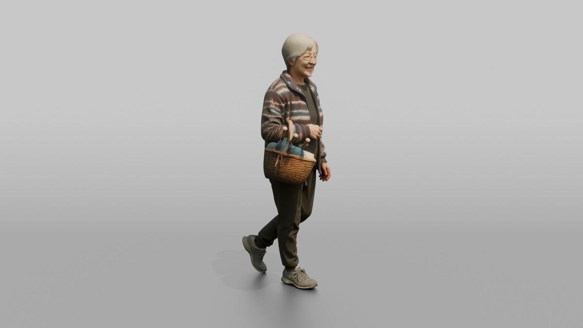 Grandmother Carrying A Basket Of Yarn And Knitting Needles - 3D character model, view 2
