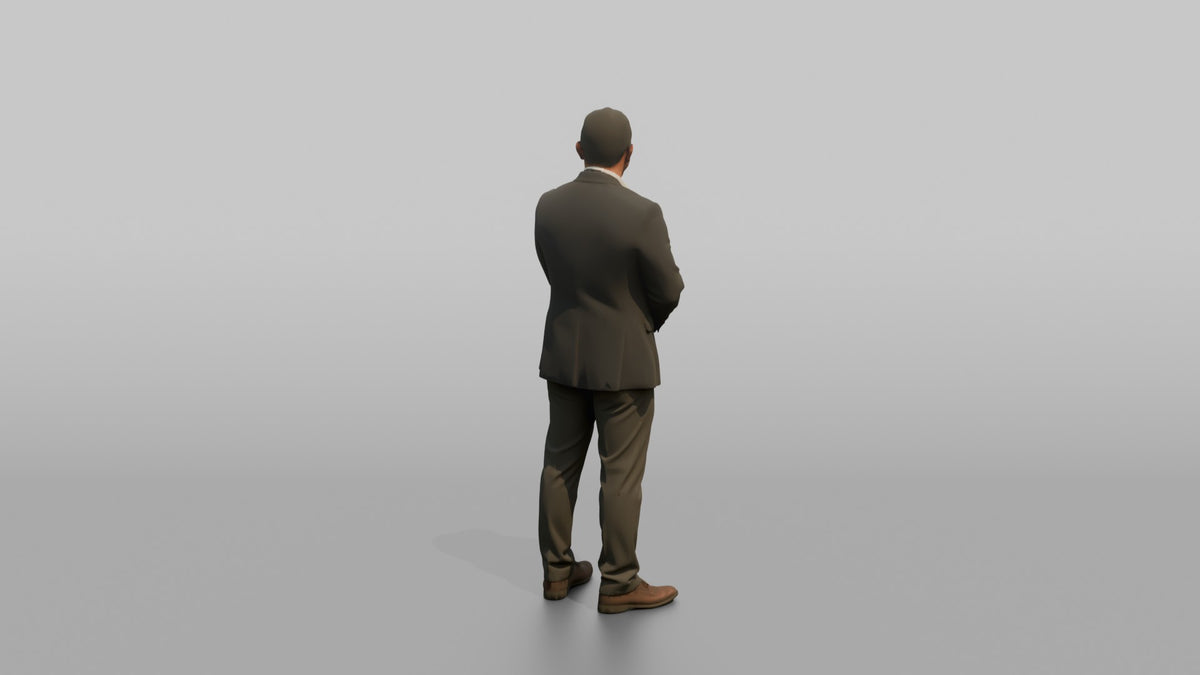 Host Man Standing With Hands Folded, Welcoming Posture - 3D character model, view 3