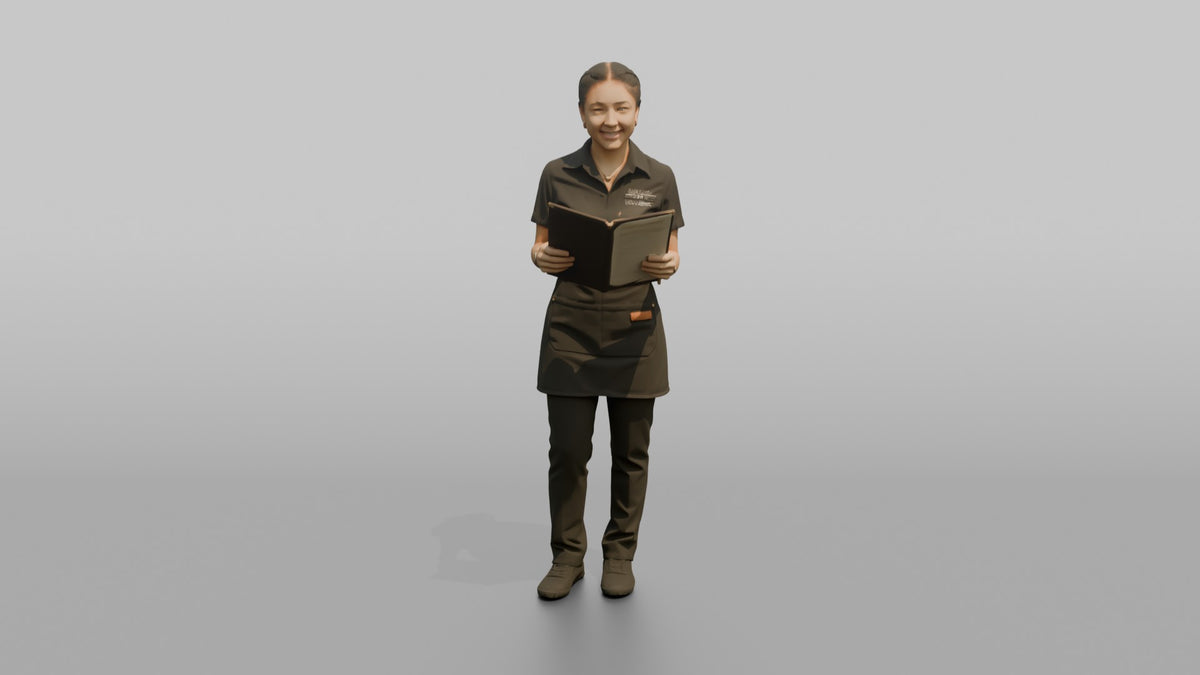 Bartender Woman Holding A Bar Menu Open - 3D character model, view 5