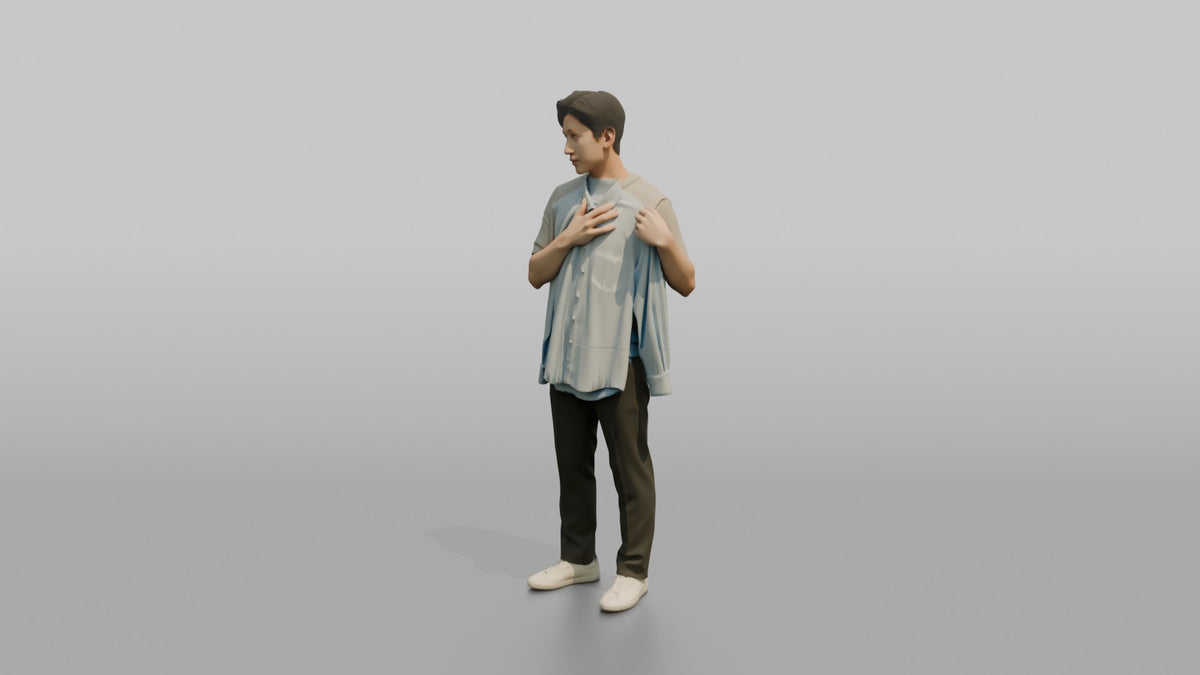 Man Customer Looking At His Reflection While Holding A Dress Shirt Against His Chest - 3D character model, view 4