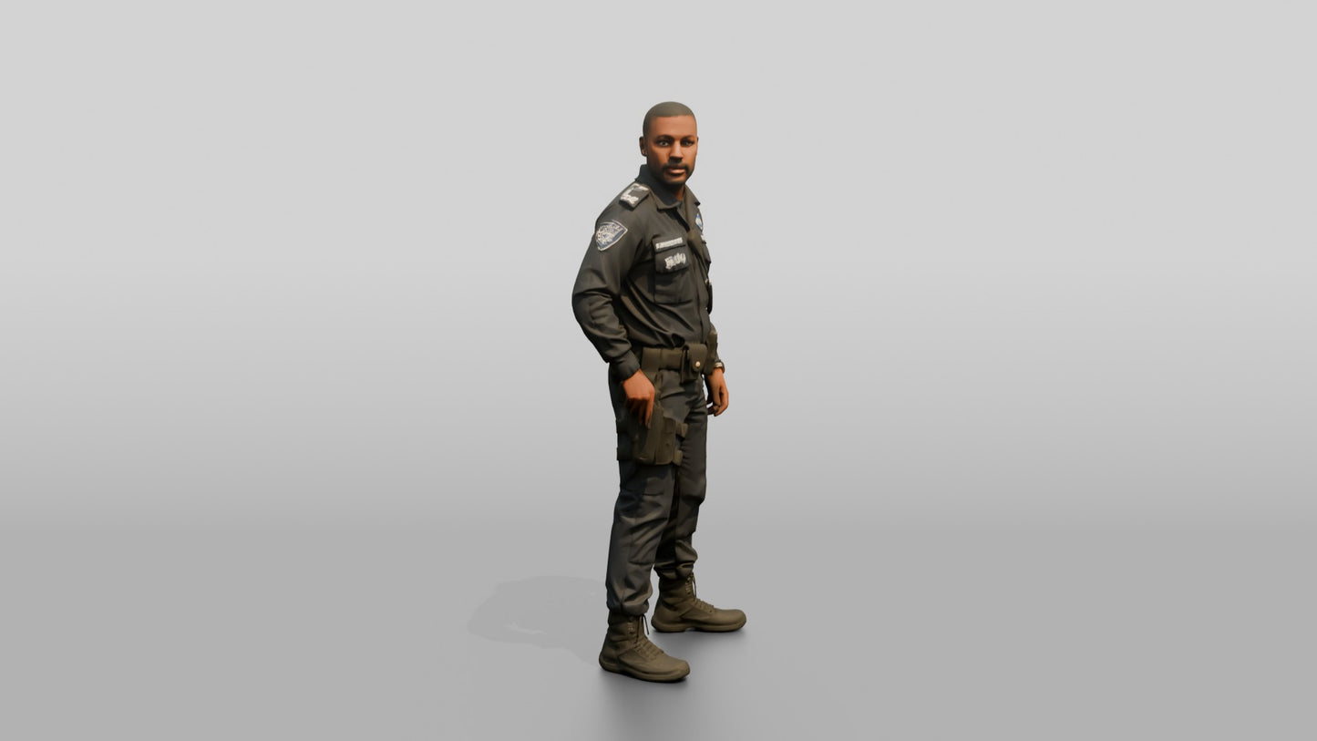 Slim Black Male Guard in a Navy Blue Tactical Uniform