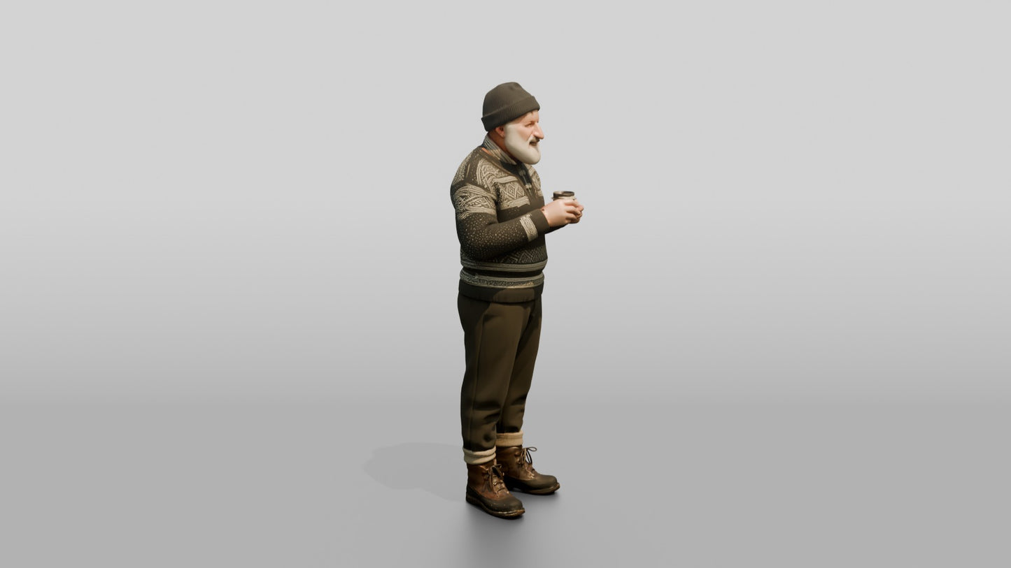 Elderly Norwegian Man Drinking Coffee on Bench