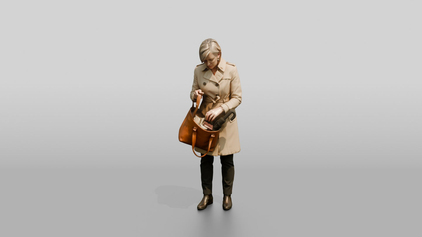 White Woman Checking Her Bag for an Umbrella