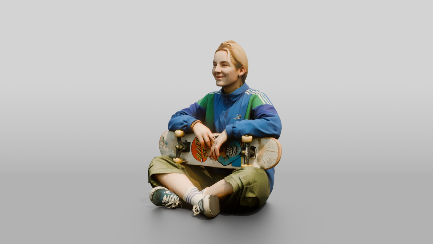 Skater Girl Sitting with Skateboard