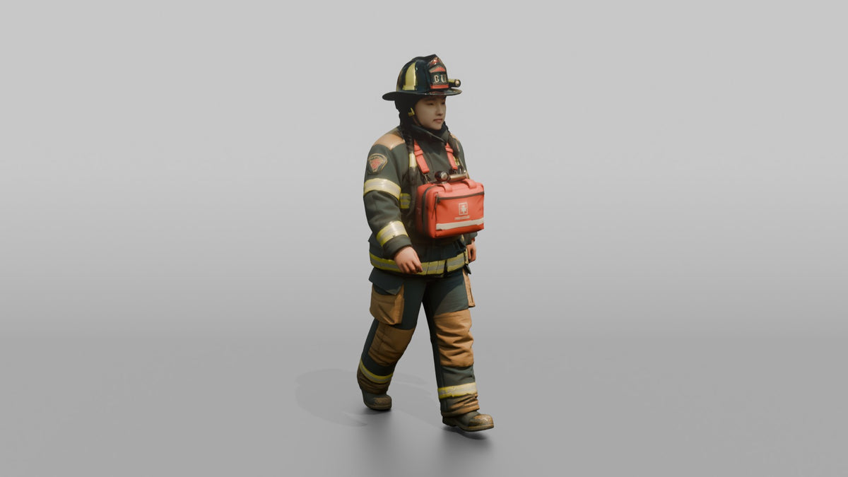Firefighter Woman Carrying a First Aid Kit Across Her Chest - 3D character model, view 5