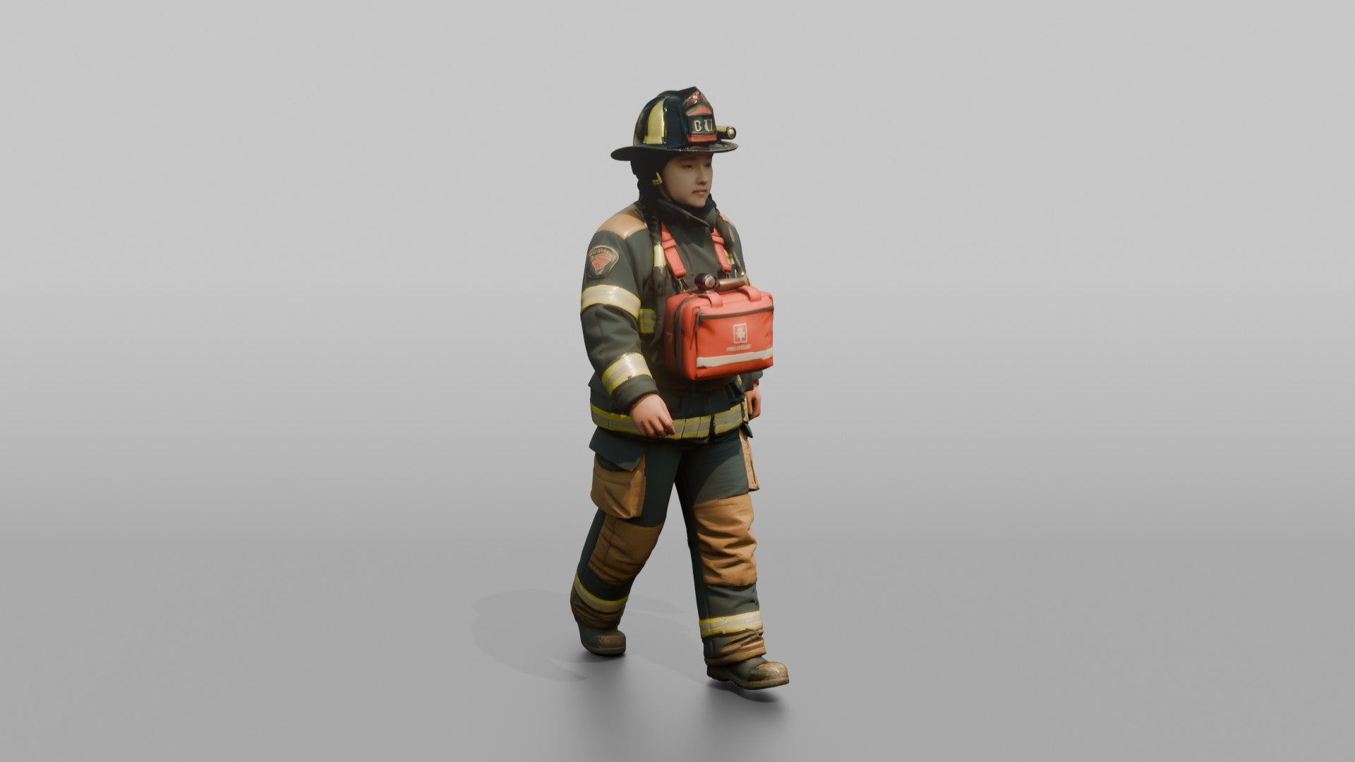 Firefighter Woman Carrying a First Aid Kit Across Her Chest